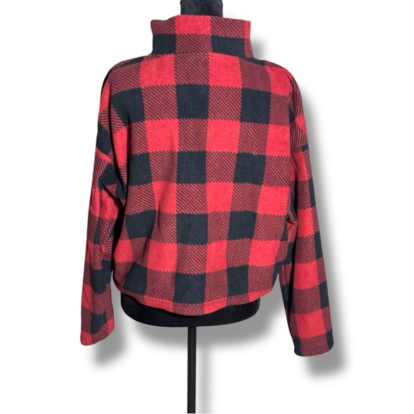 Hippie Rose Red/Black Flannel Checkered Quarter Zip Long Sleeve Cropped Fleece - Picture 4 of 15